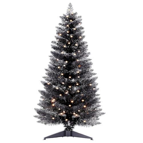 Santanelo 4ft Lighted Halloween Black Christmas Tree, Artificial Christmas Tree with Lights,Small Snowy Artificial Xmas Tree for Home, mini Table Tree not pre lite,Shops and Holiday Decoration
