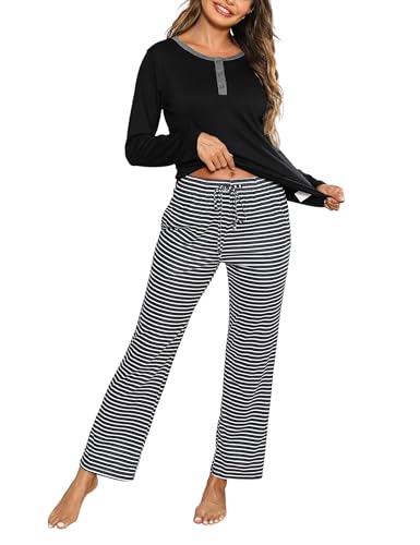 Nieery Pijamas Mujer Invierno Algodón Conjunto Manga Larga Cuello Redondo Camiseta y Rayas Pantalones con Bolsillos