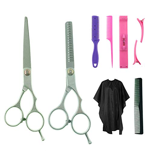 Jiuhuazi 8 Pcs Professionnel Ciseaux de Coiffure kit, avec Peigne à Cheveux, Cape, Coupe et Ciseaux Amincissants, Peigne à Lame, Clip Bangs, Clips, Peigne de Queue