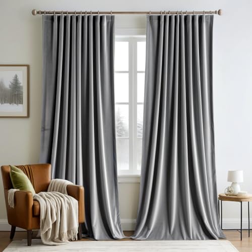 Image of MIULEE Grey Velvet Pinch Pleat Blackout Curtains W52 X L90 Inches | 2 Panels,Luxury,Thermal Insulated,Super Soft,Back Tab & Rod Pocket,for Bedroom Living Room