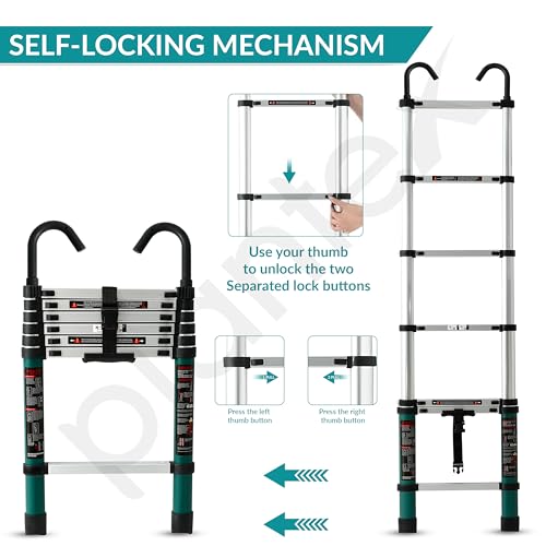 Image of Plantex 2m (6.5 ft.) Aluminium Telescopic Ladder /7-Steps Portable Ladder with Removable Hooks /Foldable Multipurpose Collapsible Ladder for Home & Outdoor Use /2 Years of Warranty - (Green)
