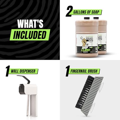 Grip Clean | Garage & Shop Hand Soap Dispenser Wall Mount Kit - Heavy Duty Pumice Soap (x2) + Stainless Steel Soap Dispenser + Nail Scrub Brush | Pump Dispenser Kit w/ Hand Cleaner for Auto Mechanics