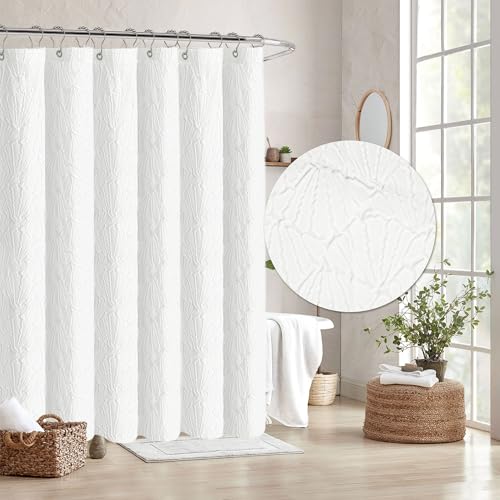 Tititex White 3D Embossed Textured Fabric Shower Curtain for Bathroom,Farmhouse