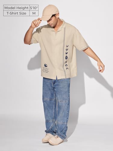 Image of The Souled Store Bloom: Believe Men and Boys Short Sleeves Collared Neck Button Front Beige Embroidered Regular Fit Cotton Shirts