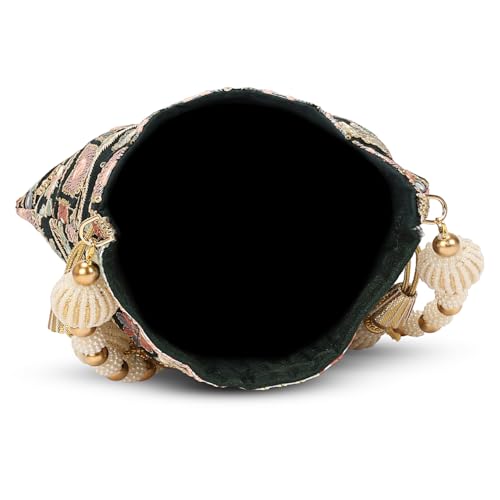 Image of LONGING TO BUY Indian Embroidered Pearl Potli Bag For Women, Sequence Design with Tassel, Wedding Potli Bags