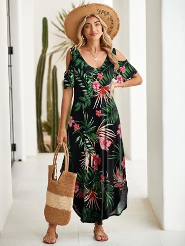 Image of BELAROI Womens Cold Shoulder Maxi Dress Plus Size V Neck Summer Sundresses with Pockets Beach Coverup Vacation Outfits