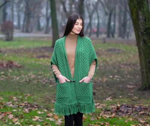 Image of SAOL 100% Merino Wool Shawl /Poncho Sweater /Open Cardigan /Wool Cape with Pockets with Fringe Trim and Trinity Knot Button