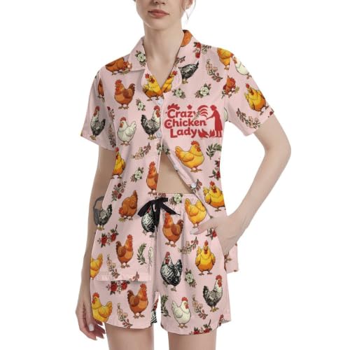 Image of Funny Pajamas for Women Set Print Satin Loungewear Pjs Short Sleeve Button Down Top and Shorts Sets Sleepwear XS-3XL