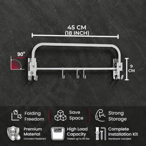 Image of GRIVAN Stainless Steel Towel Rod for Bathroom with Hooks | Foldable Towel Holder Stand with Drill Mount - Bathroom Hangers for Clothes (1, Silver, 18 INCH)