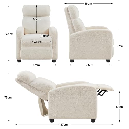 Yaheetech Recliner Armchair Single Padded Seat Boucle Fabric Sofa Lounge Home Living Room Theater Adjustable Leg Rest and Reclining Functions Ivory