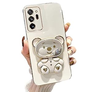 Rnrieyta Miagon Bär Spiegel Ständer Hülle für Samsung Galaxy Note 20,Cute Mädchen Dünn Treibsand Glitzer Galvanisierte Schutzhülle Weiches Case Bumper mit Spiegel Halter Kickständer