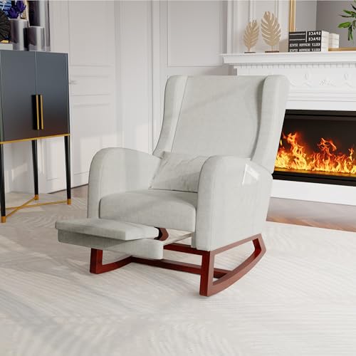 Sillón mecedora de terciopelo, silla de basulla con almohada lumbar, bolsillo lateral y reposapiés, silla de rocking, silla de salón mecedora para salón, dormitorio, gris