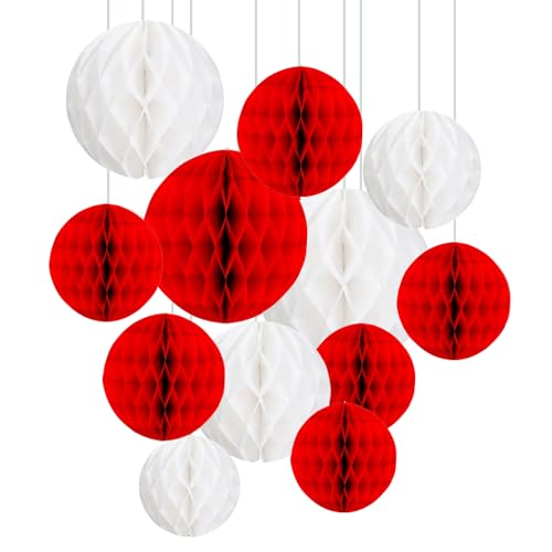 Image of ZOOYOO 12Pcs 6 inch 10 inch Honeycomb Balls Decorations Hanging Tissue Paper Pom Poms for Birthday Party Valentine's Day Wedding Mothers Day Decorations(Red White)