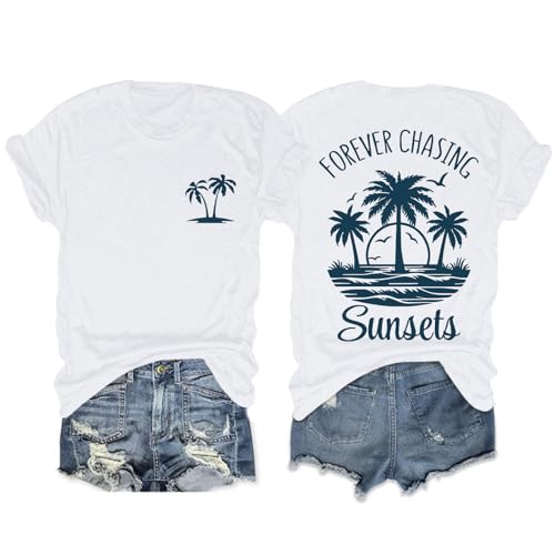 Migxsaf Forever Chasing Sunsets Tshirt Hawaiian Beach Shirts for Women Palm Tree Tropical Shirt Graphic Tees Summer Tops(White M)