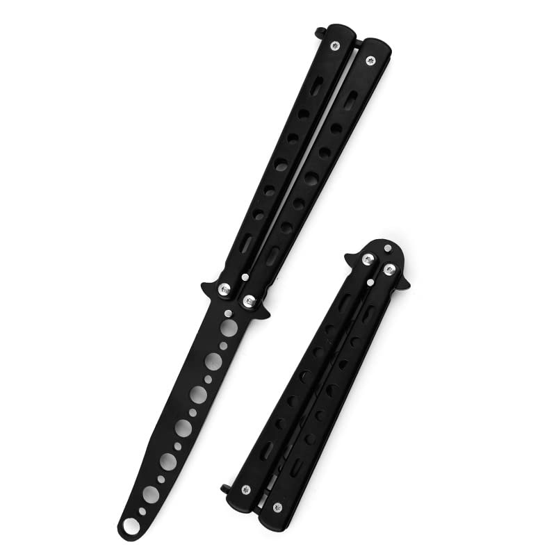 1pack Butterfly Knife Trainer Practice with O-ring Latch - Enhanced Version - Black Metal Steel - no Offensive Blade - for Beginner, Children, Butterfly Knives Lover and more