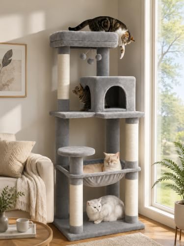 Image of MUTTROS Cat Tree for Large Cats Adult with Metal Plush Big Hammock, 56.3 inch Cat Tower with 2 Door Condo House, 6-Tier Cat Shelves with Scratching Posts and Large Top Perch, Gray