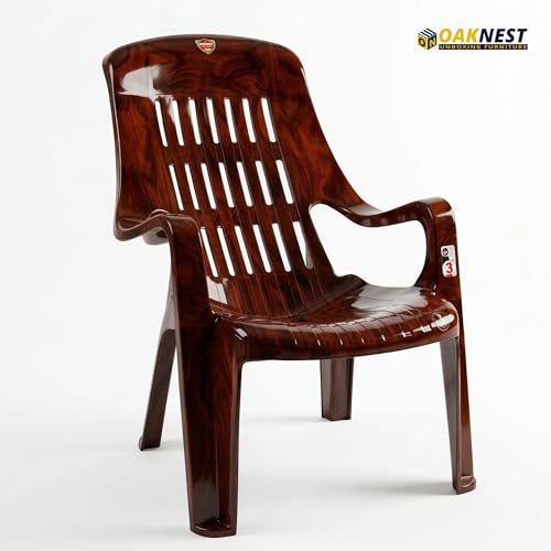 Image of Oaknest Unboxing Furniture Celloo Premium Plastic Relaxing Chair with Armrests | Ergonomic High-Back Lounge Seating for Home, Garden & Balcony (Rosewood), Count of 4