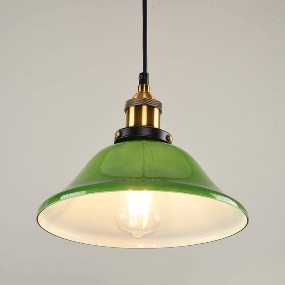BLOOHK Antique Emerald Green Glass Pendant Light, Retro Traditional Hanging Lamp for Kitchen Island, Dining Room, Vintage Nostalgic Glass Shade Chandelier(25cm Diameter)