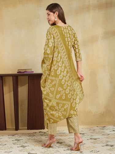 Sanisa Women's Cotton Blend Printed Straight Kurta With Pant And Dupatta Set (236Kbd2494N-S_Mustard Yellow & Beige)