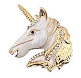 Pearly Enamel & Iridescent AB Crystal Rhinestone Unicorn Head Brooch - goldtone medieval heraldry white pony horse & horn pin