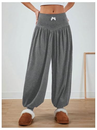 MakeMeChic Women's Bow Knot Elastic Waist Pants Loose Fit Plain Summer Baggy Trousers2