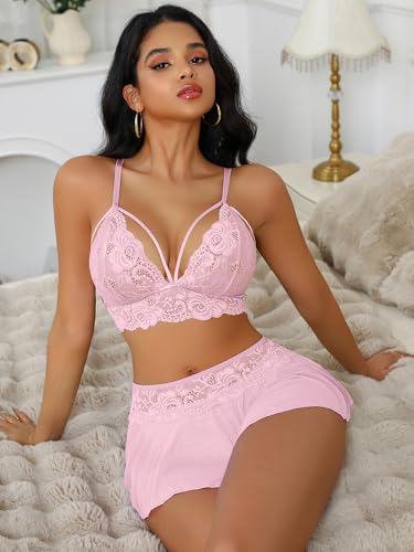 Image of CRIPOM Sexy Lingerie for Women Naughty 3 Piece Lace Bralette, Mini Skirt with G-String Crotchless Lingerie Outfits
