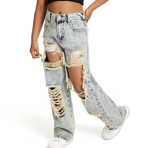Girl's Distressed Jeans Elastic High Waist Wide Straight Leg Y2k Ripped Baggy Denim Pants Summer Trousers Streetwear 6-13T3