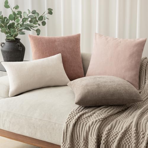 Image of Foindtower Pack of 2 Textured Chenille Throw Decorative Pillow Covers Square Accent Solid Cushion Cover Neutral Farmhouse Modern Pillow Case for Couch Sofa Bedroom Living Room 18x18 Inch,Peach Pink
