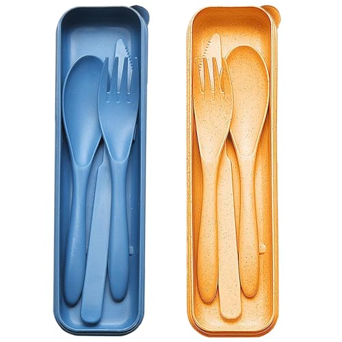 Set di posate da viaggio con astuccio, 2 set di posate riutilizzabili in plastica coltello forchetta set di posate da campeggio portatile per picnic ufficio scuola pranzo (Blu + Giallo)