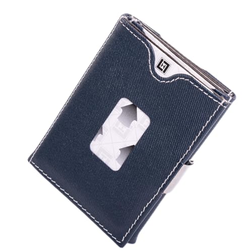 Image of Minimalist Front Pocket Trifold Wallet for Men Women, Genuine Leather RFID Blocking Credit Card Holder, Slim Compact EDC Cash Billfold with Stainless Steel Locking Money Clip(Dark Blue)