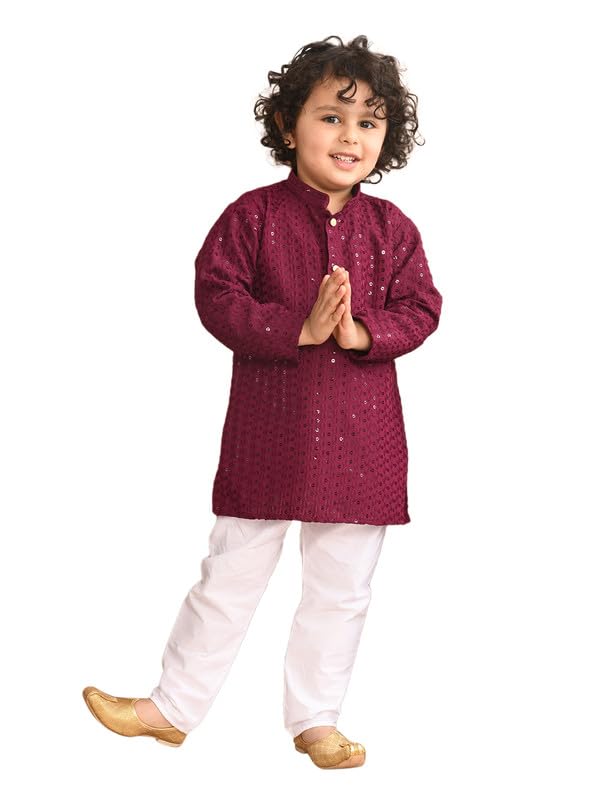 superminis Boys Rayon Based Sequinned Embroidery Full Sleeves Kurta and White Pyjama with Elastic-picture-10