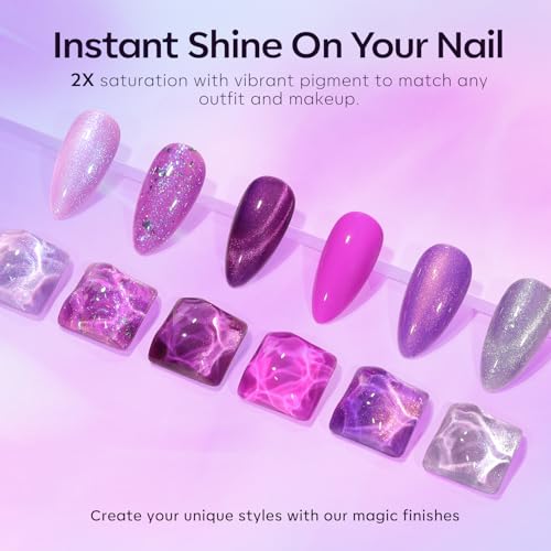 Image of modelones Gel Nail Polish Set 6 Colors Purple Silver Cat Eye Gel Nail Polish Glitter Purple Chameleon Sparkle Silver Shade Shimmer Magnet Polish Soak Off Led Nail Art DIY Salon Gift For Women Girl