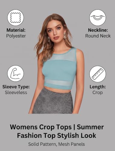 Image of LONDON BELLY Women's Solid Pattern Polyester Blend Net Crop Top with Round Neck Sleeveless Short Length Pull On Closure Type and Modern Style | Tops for Women Western