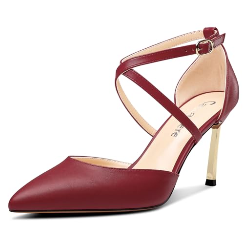 Castamere Womens High Heel Pointed Toe Pumps Ankle Strap Cross-Strap Wedding Dress 3.3 Inches Heels