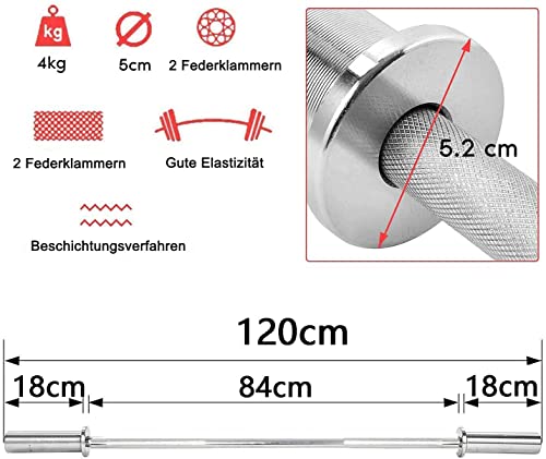Foto von ybaymy Olympia Langhantelstange gerade 120 cm Massiv Hantelstangen mit 2 Federverschluss, Verchromt und Gerändelt 50 cm Gewicht-Platten Bar für Home Gym Fitness Krafttraining