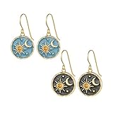 Dreuyet Vintage Boho Sun and Moon Drop Dangle Earrings for Women Handmade Unique Lightweight Antiqued Gold Silver Round Coin Greek Mythology Earrings Jewelry Gifts (Gold Blue Black)