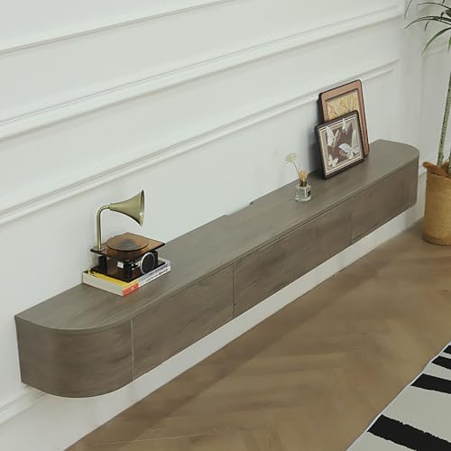 Meuble TV flottant contemporain de style ferme, console multimédia murale avec portes de rangement, grande étagère TV en noyer de 200 cm pour salon et centre de divertissement