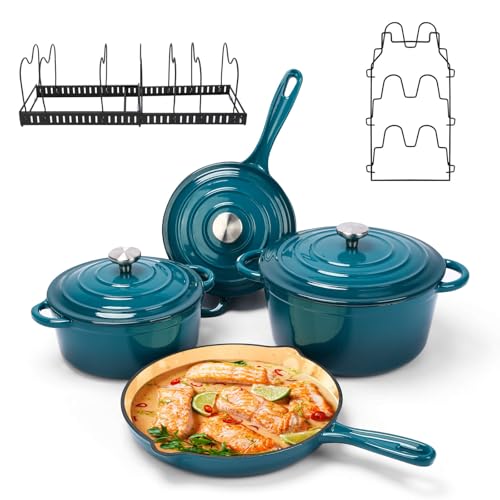 Denmay Emaille Gusseisen Kochgeschirr Set - 7-teiliges inkl. Dutch Oven, Bratpfanne, Schmortopf, Soßentopf, 3 Deckel, Backen Holländisches Ofen-Set für alle Herdarten geeignet mit Organizer, Zyan