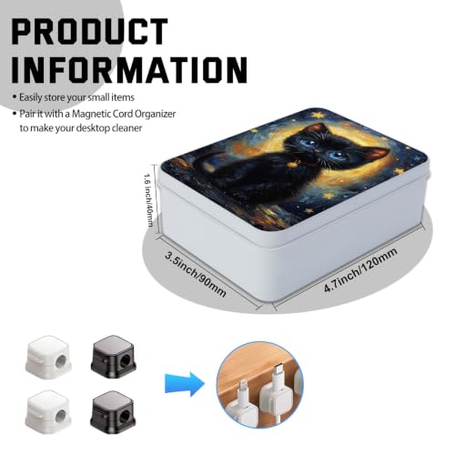 Image of Metal Tin Box with Lid,Multi-functional Storage Box Can Store Tea Biscuits Game Cards, Playing & Tarot Cards-Comes with 4 Magnetic Cord Clips,Black Kitten Painting