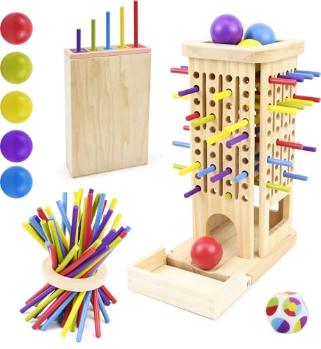 Montessori Spielzeug ab 3 Jahre, 3-in-1 Spiel Brettspiel aus Holz ab 3 4 5 6 Jahre, 40 Stück Bunte Holzstäbe, Aufbewahrungsbox, Klassifizierung, Farblernturm Familienspiel Reisespiel für Kinder