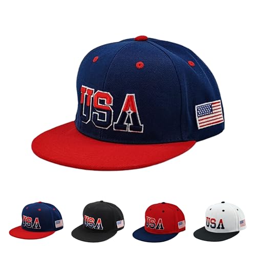 Cappelli da baseball con bandiera americana ricamati bandiera USA cappello patriottico papà cappello regolabile da camionista per uomo donna, Blu Navy Flat Brim Usa Cap, taglia unica