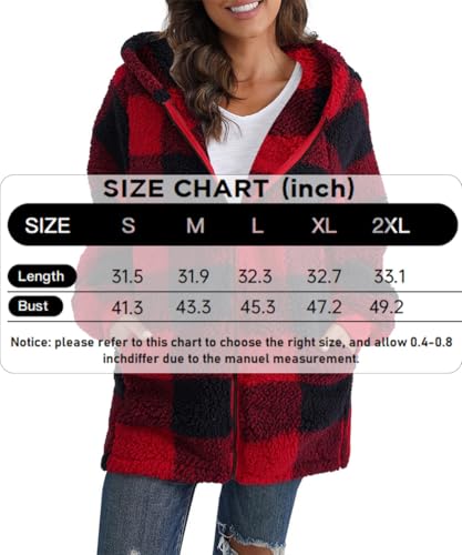 ABINGOO Damen Teddy Fleece Mantel Kariert Warm Winterjacke Kapuzenjacke Flauschig Plüschjacke Reißverschluss Sweatshirt mit Kapuze und Taschen(Rot,L)