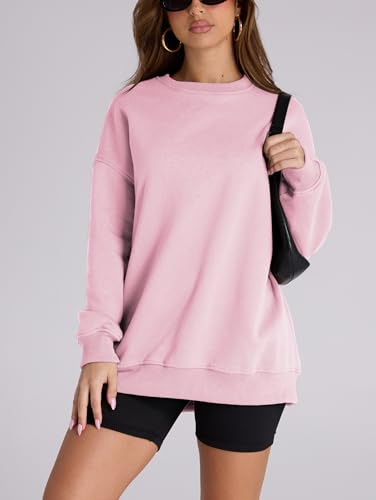 Famulily Ladies Plus Size Sweatshirt Basic Drop Shoulder Long Workout Sweaters Fall Winter Comfy Casual Tops Pink M