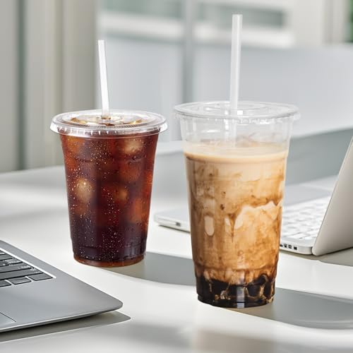 cundao 25 Pack 16 oz Clear Plastic Cups with Lids and Straws, Leak-Proof Disposable Iced Coffee Cups, BPA-Free PET Cold Drink Tumblers for Smoothie, Tea and Juice, Crystal Clear To Go Cups