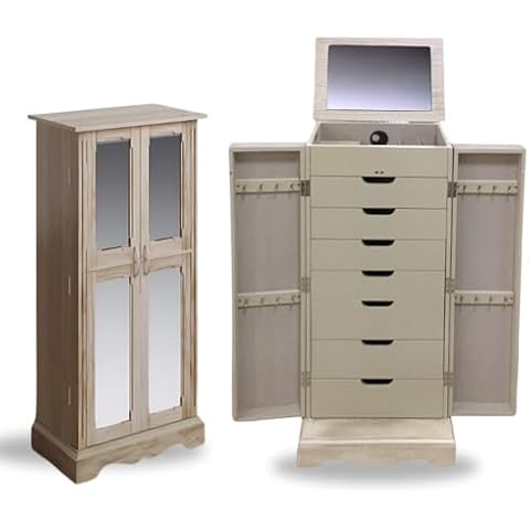 Alveare Home Cherise Standing Jewelry Armoire Cabinet, Jewelry Storage Organizer with Top Flip Mirror, 2 Doors, 7 Drawers, Jewelry Chest, Jewelry Box for Necklace, Earring, Bracelet, Taupe Cover
