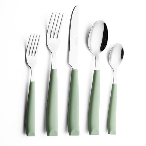 ANNOVA Silverware Set Stainless Steel Colorful Handle Tableware Kitchen Flatware Set Utensils, Includes Dinner Knives, Forks, Spoons, Salad Forks & Dessert Spoons (Sage Green, 20 Pieces)