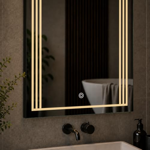 Image of LED Bathroom Wall Mirror with 3 Decorative Lights | Touch Sensor | Warm | Natural and Cool White | for Wash Basin | Bedroom | Dressing Area (Portrait, 18x24)
