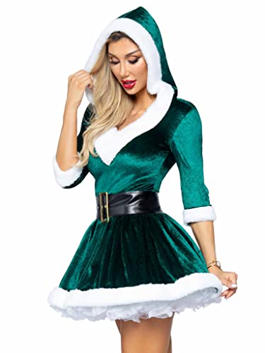 Leg Avenue Womens - 2 Piece Mrs Claus Set Velvet Hooded Dress With Belt For Christmas Adult Sized Costumes, Green, Medium Large Us #TOP2