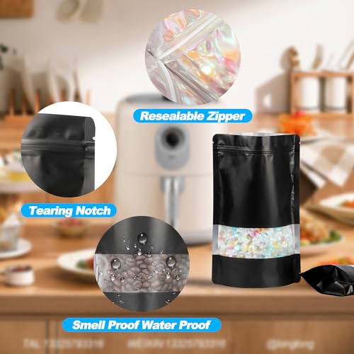 100 Pack Smell Proof Bags, Resealable Mylar Bags with Matte Window, Foil Pouch Stand-up Bags for Food Self Sealing Storage, Scratch Resistant Hand Storage Bags.(Black, 3.9×5.9 Inch)