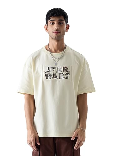 The Souled Store Official Star Wars: Darth Vader Men Oversized T-Shirts, Off White, XXL